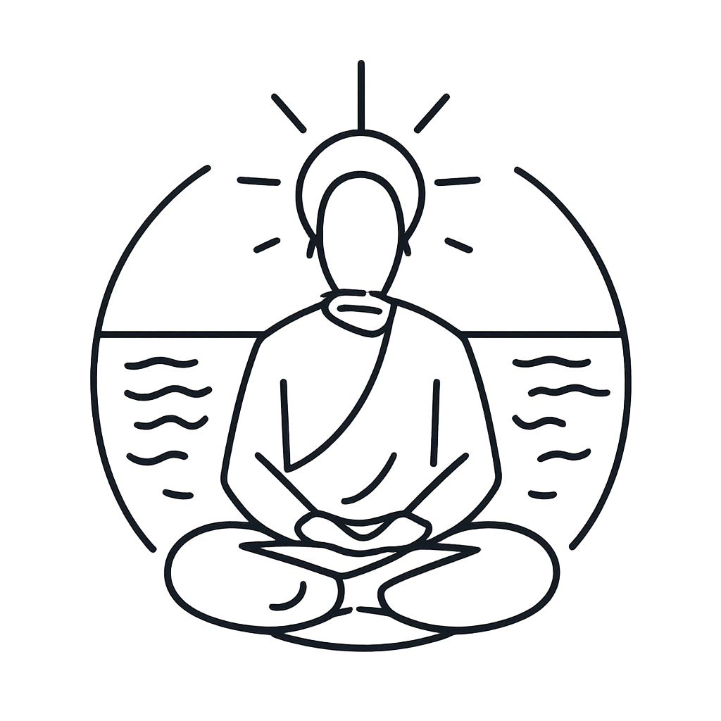 An outline of Buddha is depicted with angled lines for shading and filled in at the edges, creating a gradient effect.