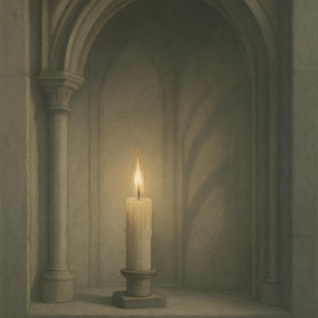 A candle, lit in a stone archway inspired by a fantasy setting.
