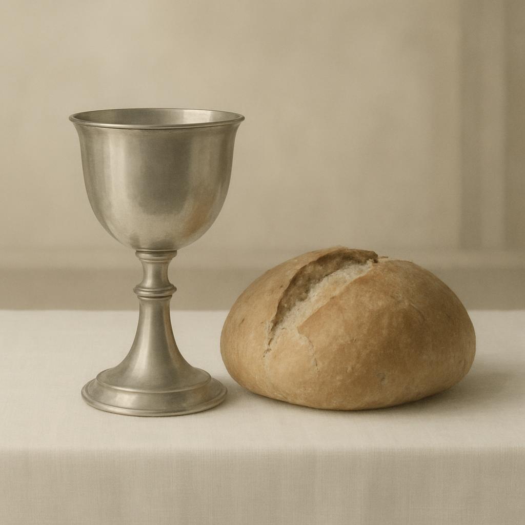 A silver goblet and a round loaf of bread on a white surface.