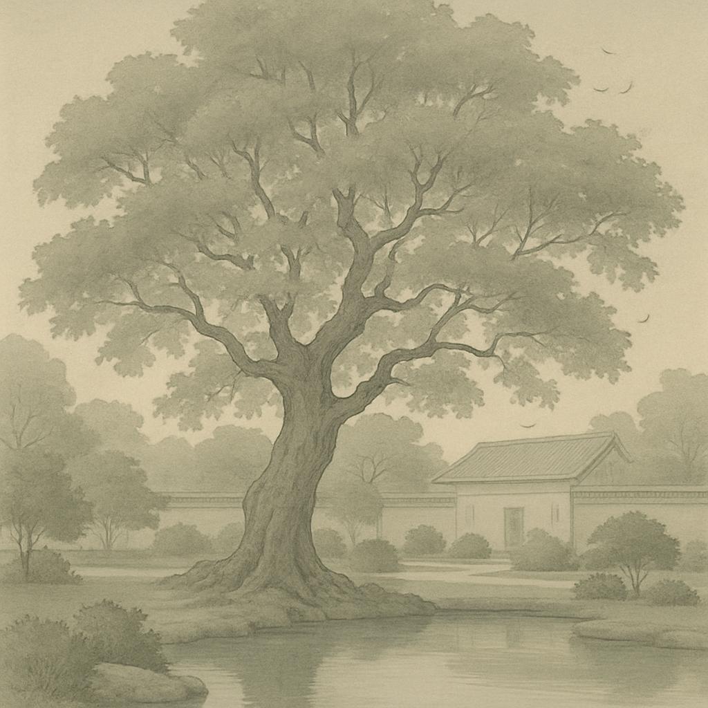 A sepia-toned drawing of a large tree with a rounded canopy, standing alone in a field.